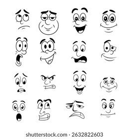 Collection of Cartoon Smile and Expression Faces Line Art 