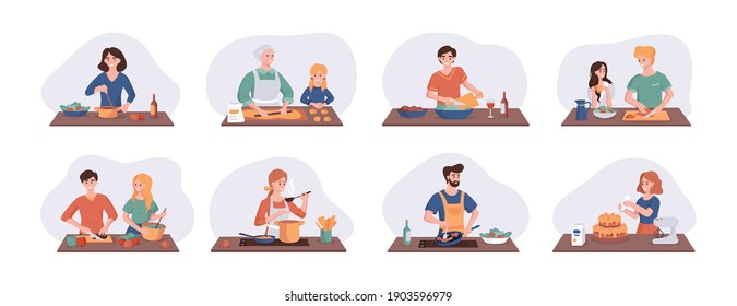 Collection of cartoon smiling people cooking on home kitchen table. Various cartoon set man, woman, couple family preparing food. Vector illustration isolated on white background