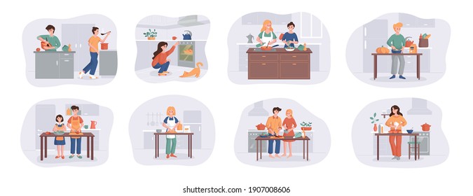 Collection of cartoon smiling people cooking on home interior kitchen table. Various cartoon set man, woman, couple family preparing food. Vector illustration isolated on white background