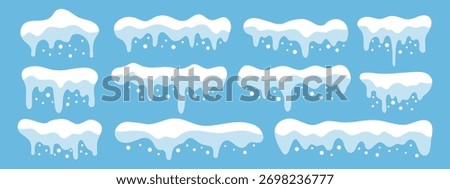 Collection of cartoon snow caps and icicles. Set of various frozen snow and ice elements, perfect for decorating text box, or frames for a winter theme