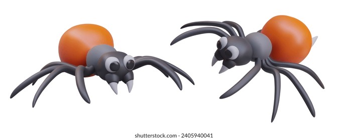 Collection with cartoon spiders with black and orange torso. Concept of dangerous spiders in different positions. Insects web model. Vector illustration in 3d style