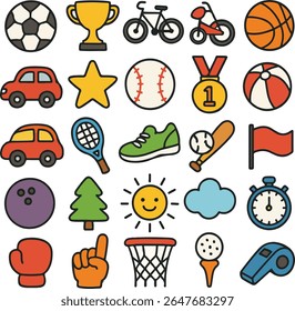 Collection of cartoon sports and recreation icons with a playful and colorful design.