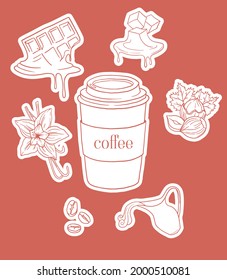 collection of cartoon stickers with coffee and different syrups tastes, white and red