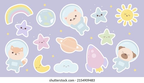 Collection of cartoon stickers space, celestial elements and characters. Cute kawaii animals astronauts with planets, stars, rocket, rainbow, sun, crescent and cloud. Vector Illustration