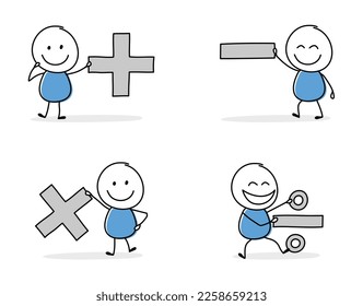 Collection of a cartoon stickman holding plus, minus, multiply, divide icons. Hand drawn mathematical symbols for business presentation. Vector illustration