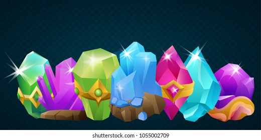 Collection of cartoon stone crystals and magic runa gems for games. Vector illustration.