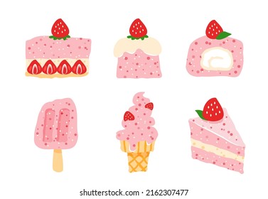 Collection of cartoon strawberry cake, ice cream doodles