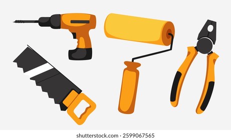 A collection of cartoon style construction tools including a drill, saw, paint roller and pliers for repair and improvement projects.