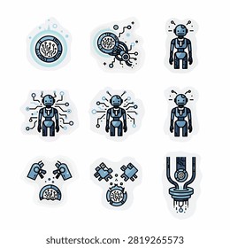 Collection of cartoon style robots and mechanical gadgets in flat design