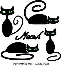 Collection of cartoon stylised black cats with green eyes and the word meow vector illustration  