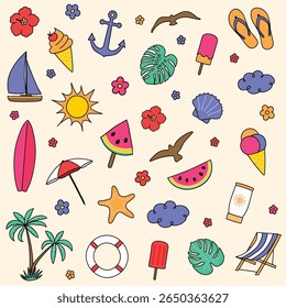 Colección de los iconos del verano de la historieta. Ilustración vectorial