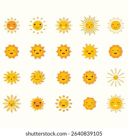 Collection of cartoon sun icons, each with a different facial expression.  The suns are various shades of yellow, and depicted in a flat design style.