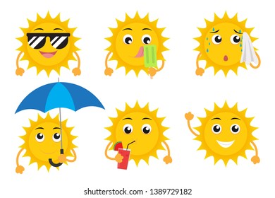 Collection of cartoon sun mascot characters vector set isolated on white background 