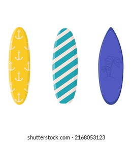 Collection of cartoon surfing boards with summer design. Summer sport leisure activity, holiday equipment. Flat vector illustration.