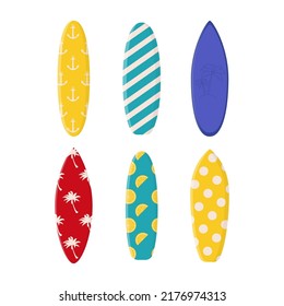 Collection of cartoon surfing boards with summer design. Summer sport leisure activity, holiday equipment. Flat vector illustration