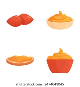 Collection of cartoon sweet potatoes and creamy mashed sweet potato servings