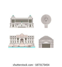 Collection of cartoon symbols of Rome, Italy. Popular tourist architectural objects: Square of Venice, The Mouth of Truth, Trevi Fountain, Pantheon. Rome icons set.