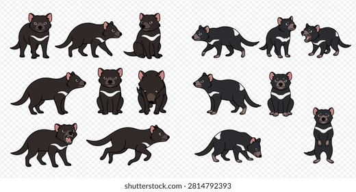 A collection of cartoon Tasmanian devils in various poses, showcasing different actions like standing, walking, sitting, and roaring.