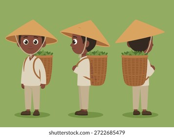 Una colección de un personaje de un recolector de té de dibujos animados que se muestra desde diferentes ángulos, con un sombrero cónico y llevando una canasta de hojas de té.