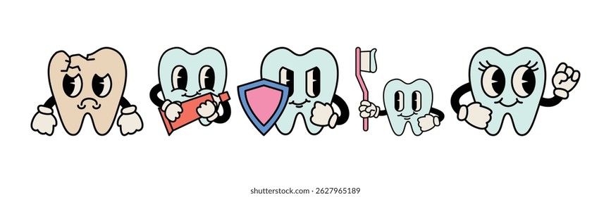 Collection of cartoon tooth characters, each with distinct personality and accessories, promoting dental health and hygiene in a playful and engaging manner.