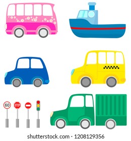 Collection of cartoon transport images. Vector illustration.
