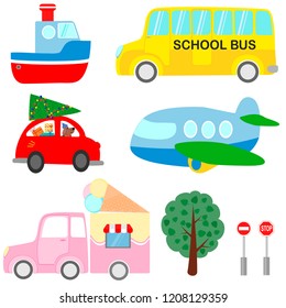 Collection of cartoon transport images. Vector illustration. 
