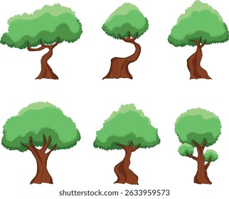  Collection of Cartoon Trees with Green Foliage and Brown Trunks 