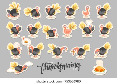 Collection cartoon Turkey bird. Happy Thanksgiving Celebration. Funny character turkey