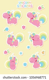 Collection cartoon unicorn stickers. Unicorns made in flat design style