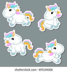 Collection cartoon unicorn stickers. Unicorns made in cartoon style.