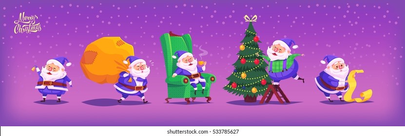 Collection of cartoon vector blue suit Santa Claus icons. Christmas illustration