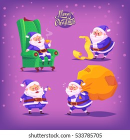 Collection of cartoon vector blue suit Santa Claus icons. Christmas illustration