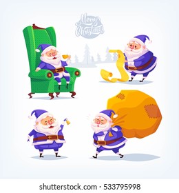 Collection of cartoon vector blue suit Santa Claus icons. Christmas illustration