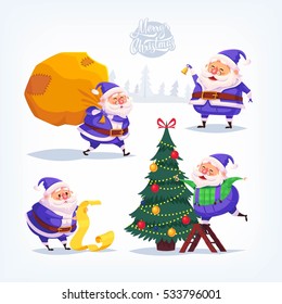 Collection of cartoon vector blue suit Santa Claus icons. Christmas illustration