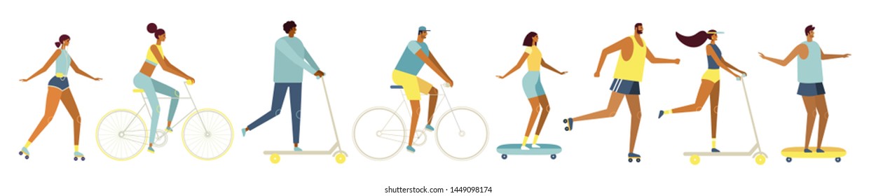 Collection cartoon vector characters. Young men and women ride bicycles, roller skates, skateboard, scooter. Active, sports lifestyle. Flat design, white background isolated