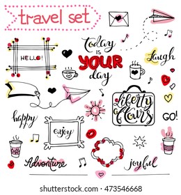 Collection of cartoon vector hand drawn elements. Doodle sketch style. Isolated. Outline. Painted with highlighter