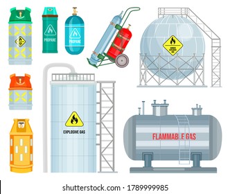 Collection of cartoon vector icons. Industry concept. Gas stations, big resorvoirs for gas. Gas containers, cylinders with propane. Warning sign, danger explosive gas. Cart with two balloons