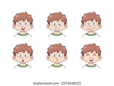 Collection of cartoon vector illustrations of boys with various expressions