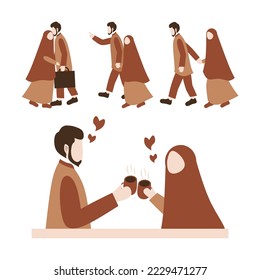 collection of cartoon vector illustrations of couple, muslim, young, old, on white background, top view. perfect for social media, celebrating valentine day, etc.