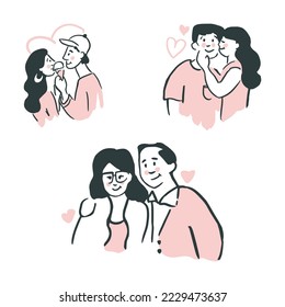 collection of cartoon vector illustrations of couple, young, married, on white background, top view. perfect for social media, celebrating valentine day, etc.