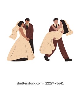 collection of cartoon vector illustrations of couple, young, married, on white background, top view. perfect for social media, celebrating valentine day, etc.