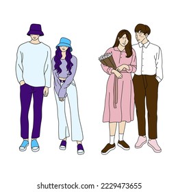 collection of cartoon vector illustrations of couple, young, married, on white background, top view. perfect for social media, celebrating valentine day, etc.