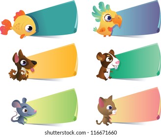 Collection of cartoon vector pets with banners on white background