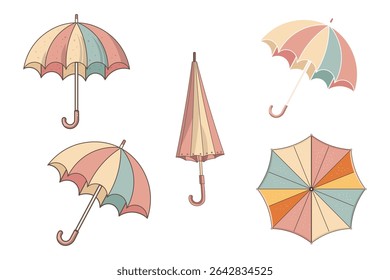 Collection of cartoon vector umbrellas with bright pastel colors, cute rainy season elements, flat minimal design, open and closed umbrella icons, decorative pattern for fabric and digital use

