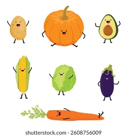 Collection of cartoon vegetable characters. Cute funny vegetables for kids - potato, pumpkin, avocado, corn, eggplant, carrot and cabbage. Vector illustration