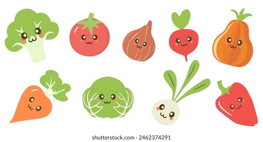 Collection of cartoon vegetables. Cute cabbage, carrots, broccoli, tomatoes, peppers for kids. Food vector illustration.