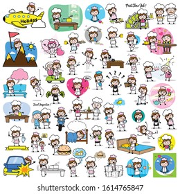 Collection of Cartoon Waitress - Set of Concepts Vector illustrations
