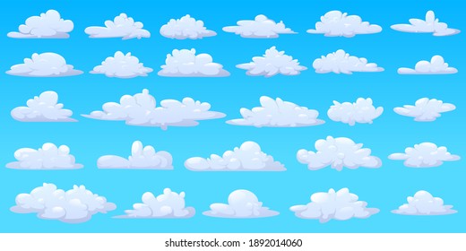 Colección de dibujos animados nubes blancas de diferentes formas aisladas sobre fondo azul claro. Colección de iconos o logos en estilo plano. Ilustración del vector