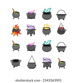 Collection of Cartoon Witch Cauldrons in Different Styles and Colors