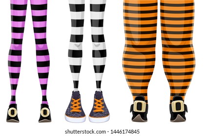 Collection of cartoon witch legs in striped stockings and various shoes isolated on a white background